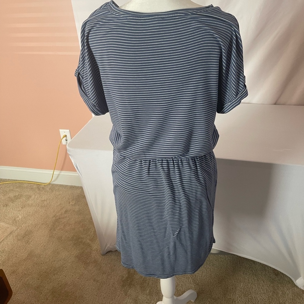 Striped Drawstring Waist Casual Dress - Blue & White - Picture 3 of 3